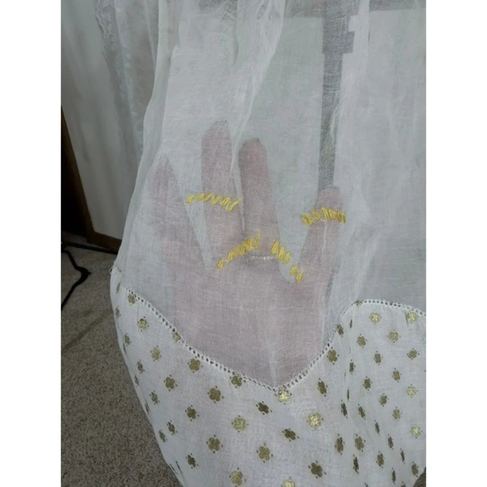 Vintage 1940s Sheer White Half Apron Gold Foil Clover Yellow Floral Embroidery